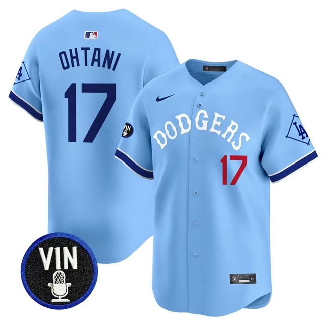 Men's Los Angeles Dodgers #17 Shohei Ohtani Light Blue With Vin Patch Limited Stitched Baseball Jersey Men's Los Angeles Dodgers #17 Shohei Ohtani Light Blue With Vin Patch Limited Stitched Baseball Jersey